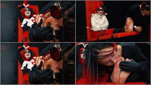 Ticklish – RussianFetish – Crazy Harley Quinn have fails – Long feet tickle, licking toes and straitjacket + gag