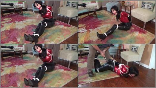 Hunterslair  Nyxon Tightly hogtied in her shiny spandex over the knee boots and long gloves preview