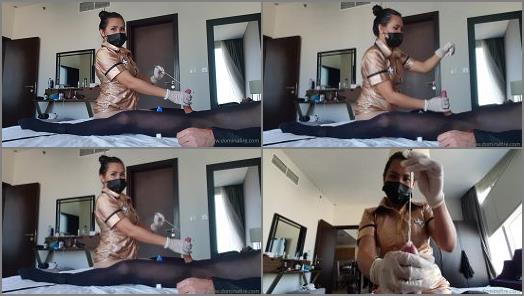 Ballbusting – Domina Fire – Gold nurse Part 2 CBT Time to stretch that peehole